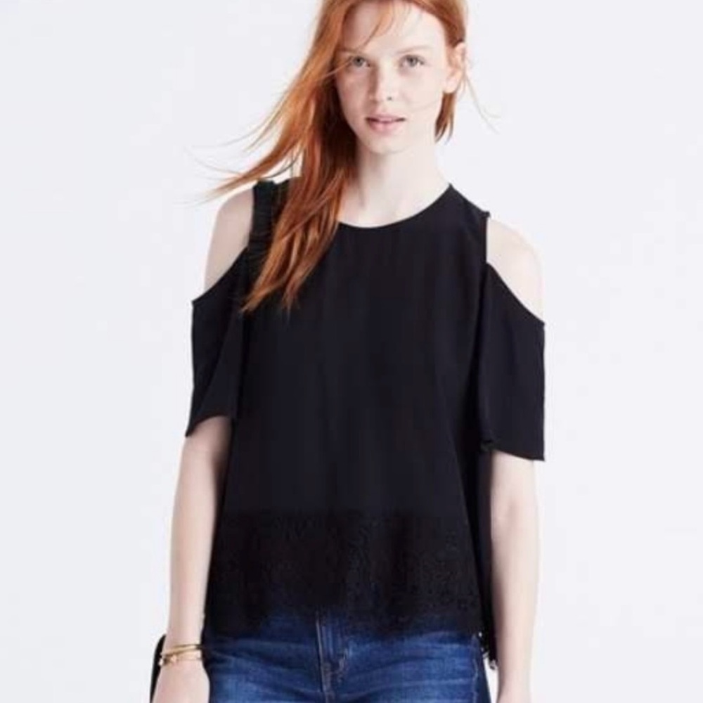 Madewell Chiffon Cold Shoulder Blouse, Lace Hem, Size Small
